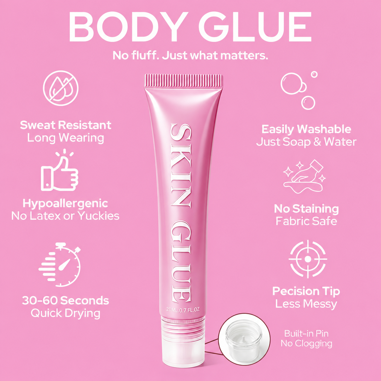Sweat- and Water-Resistant Body Adhesive Makeup, Stain-Free Skin Glue Easy to Remove with Soap and Water for Confident Secure Outfits