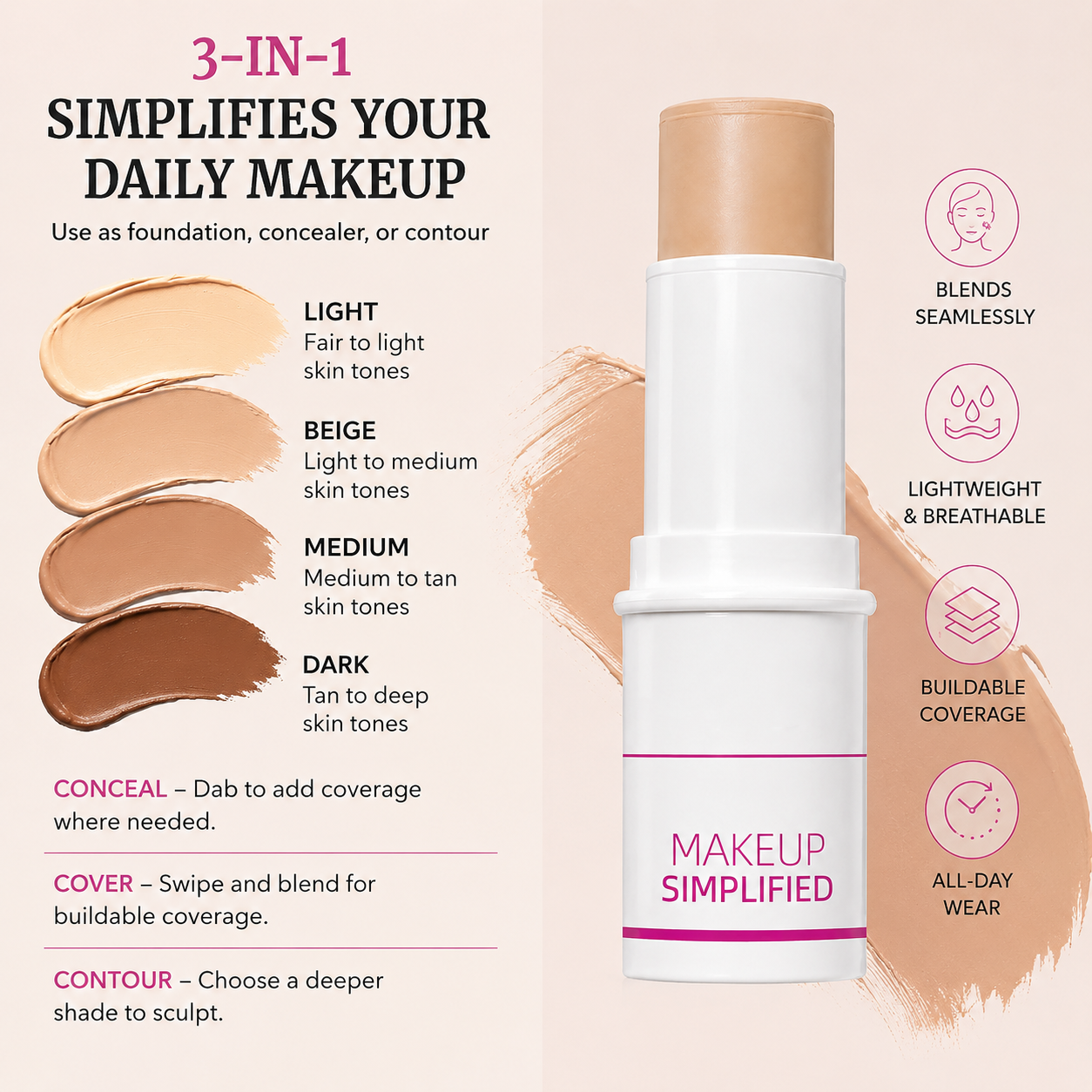 3-in-1 Complexion Stick – Buildable Foundation, Concealer & Contour with a Natural Finish