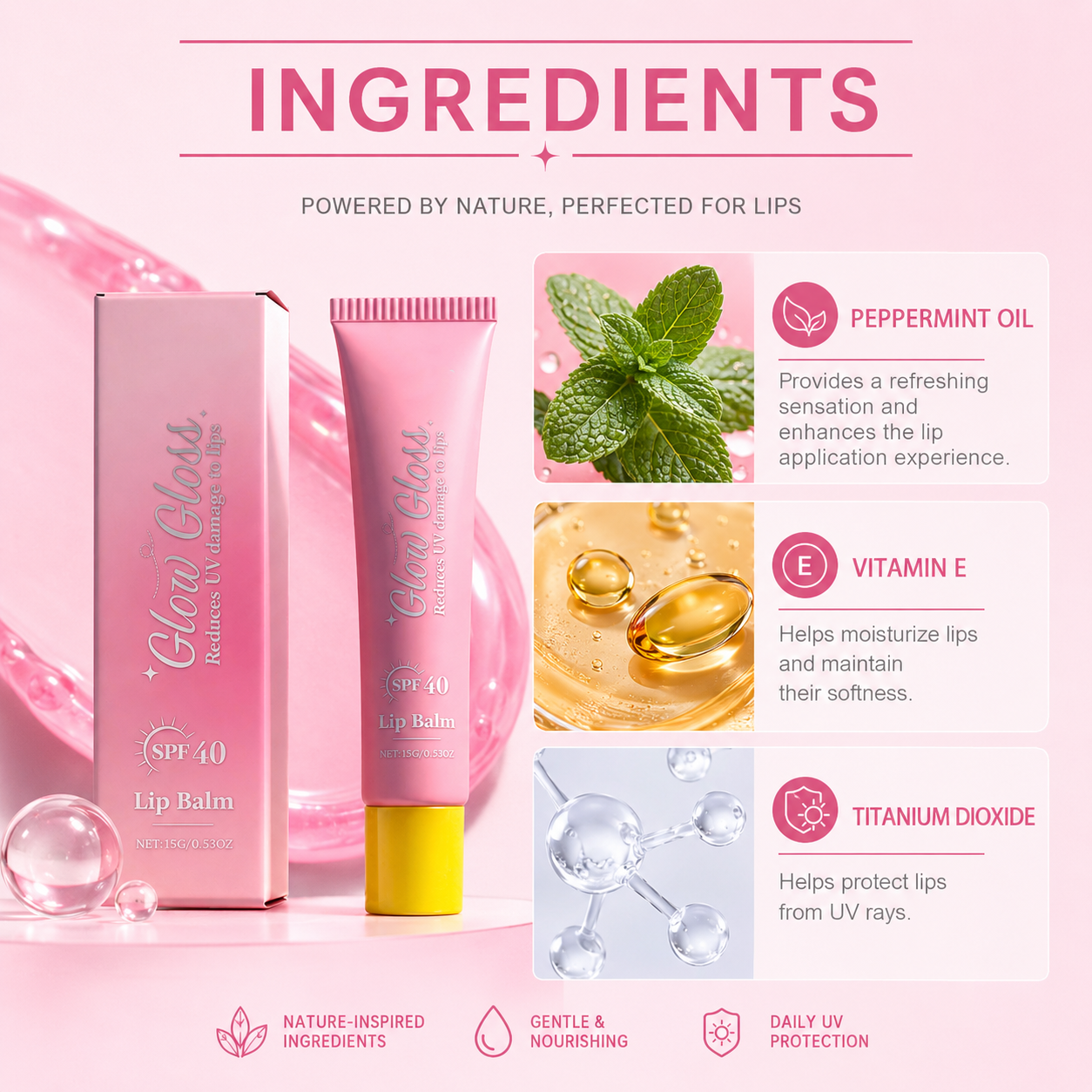 Glow Gloss SPF 40 Hydrating Lip Balm – Broad-Spectrum UV Protection with a Non-Sticky, High-Shine Finish